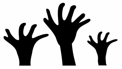 Obraz premium Three reaching hands silhouette against a white background with fingers extended upward and visible palms