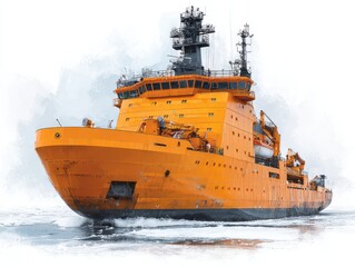Fototapeta premium A vibrant orange ship navigates through icy waters, showcasing a powerful and resilient design.