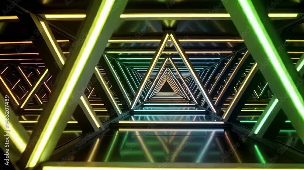 Poster dynamic neon tunnel with vibrant geometric patterns and futuristic architectural design