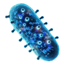 Detailed microscopic view of a blue bacteria cell with surface structures and internal molecules against a for scientific illustration use on transparent background