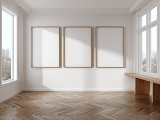 Fototapeta premium A room with three empty picture frames on the wall