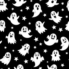 Seamless pattern with ghosts and stars, white on black, cute Halloween night background for fabric, wrapping or decor