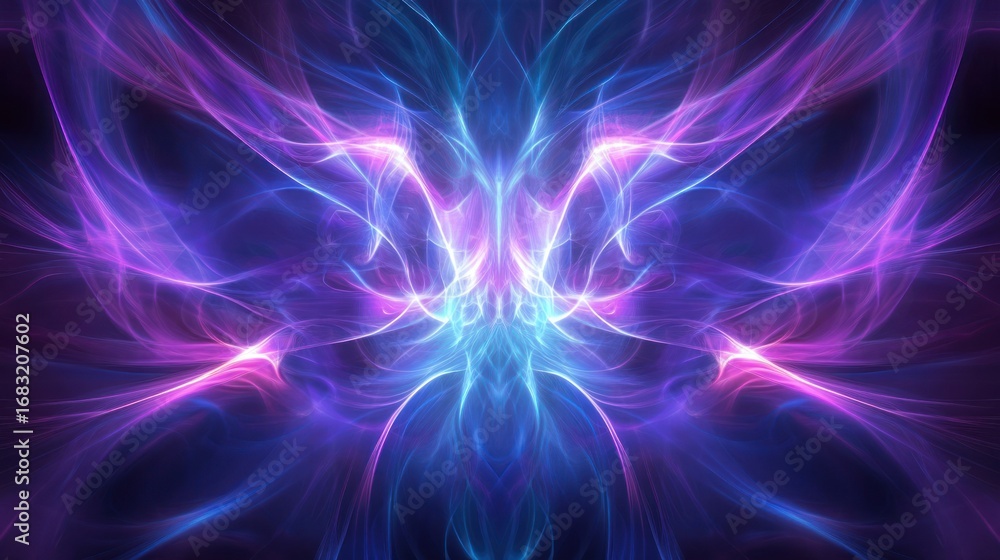 Poster symmetrical, swirling light patterns in blues, purples and pinks create a mesmerizing abstract desig