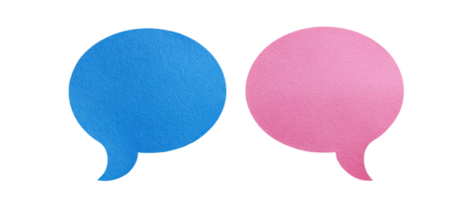 Two speech bubbles, one blue, one pink