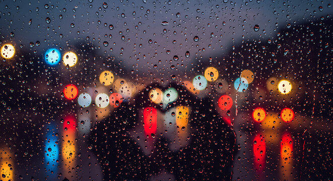 Raindrops on car windshield at night with colorful city lights - Powered by Adobe