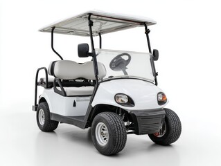 A full shot of a pristine white golf cart, featuring a comfortable interior and sturdy build.