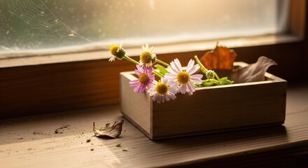 A still-life shot of a small, rustic wooden box with a few white and purple wildflowers on a sunlit windowsill.