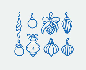 Hand-drawn Christmas tree toys. Line art, ink, minimalist style. Vector illustration. Winter holidays collection.