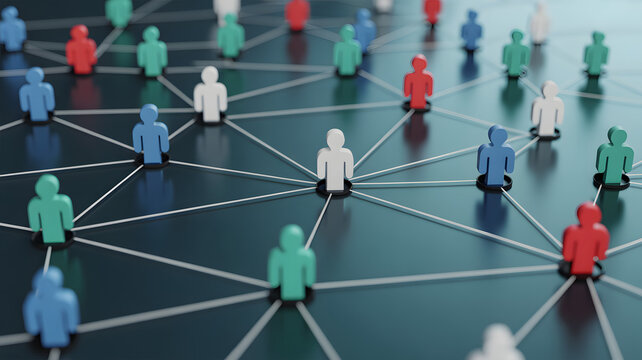 Connected network of people figurines representing diverse social connections