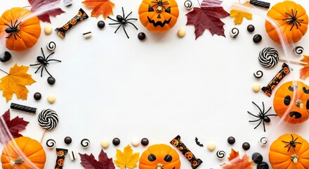 Halloween border with pumpkins, leaves, spiders, webs and skulls on white background, autumn festive frame, copy space template