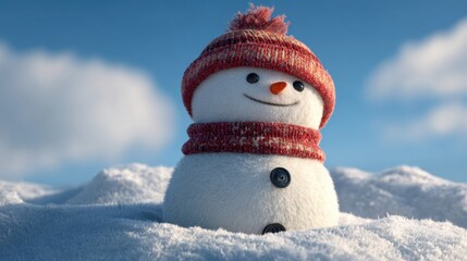 Obraz premium Cheerful Snowman Wearing a Scarf and Hat Surrounded by Snow