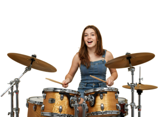 Young Woman Playing Drum Set - Horizontal - Transparent Background