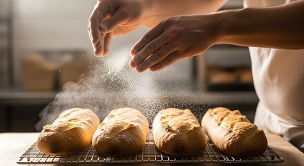 Freshly baked bread being dusted with flour for a rustic, artisanal touch adding a gourmet feel