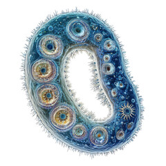 Detailed microscopic view of a singlecelled organism with intricate internal structures and surface features against a for scientific study on transparent background