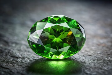 Green chrome diopside stone on a dark gray background for a product presentation podium natural green shoes on a gray background to the presentation of perfumes jewelry cosmetics medicines