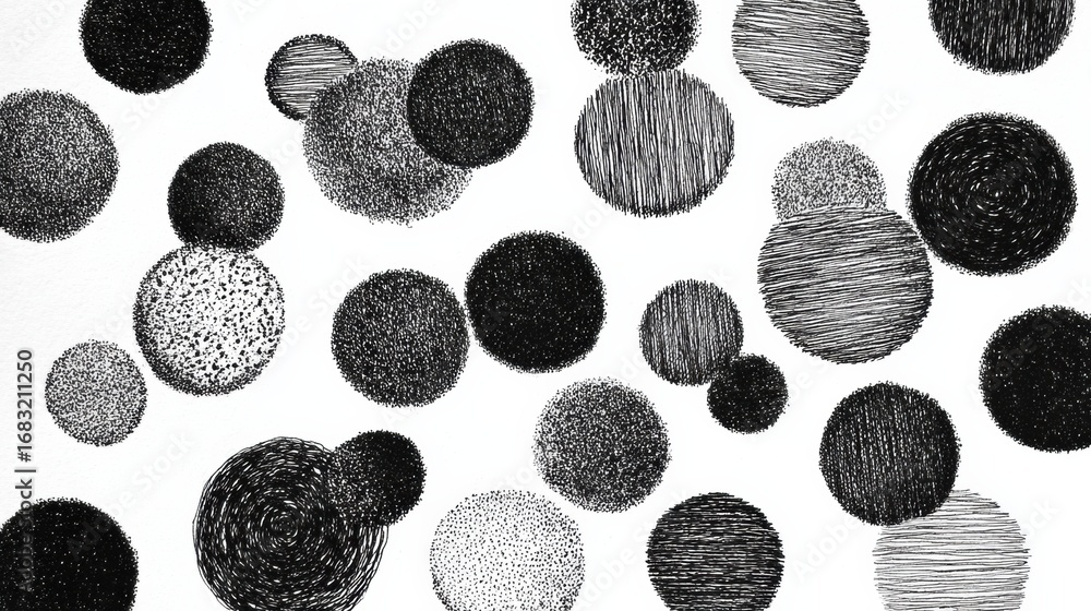 Aufkleber black and white dots and circles with unique textures are arranged on a blank canvas, creating an en