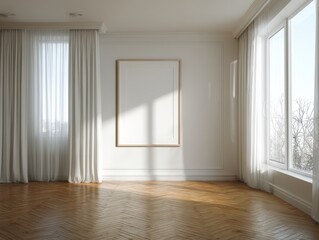 A room with a white wall and a white curtain
