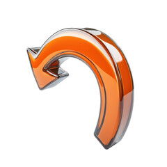 Glossy orange arrow curves downward against a black backdrop symbolizing direction navigation and a return or refresh in a sleek modern design element on transparent background