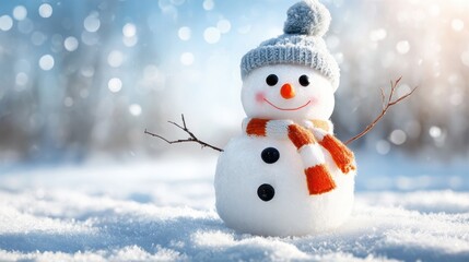 Cheerful Snowman with Orange Scarf and Hat in Winter Wonderland