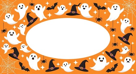 Cute Halloween ghosts, bats, witch hats, spider webs border on orange background, cartoon style, invitation template, copy space