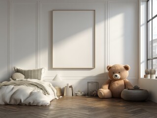A white room with a teddy bear sitting on the floor