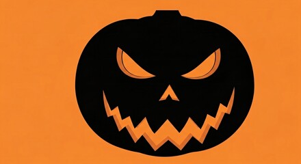 Sinister Halloween pumpkin face silhouette on orange background, bold minimal spooky template
