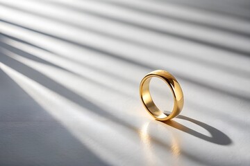 Gold ring on white background with shadows and geometric props Still life and creative photo