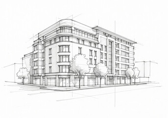 Stunning architectural sketch of a modern urban building with clean lines and large windows