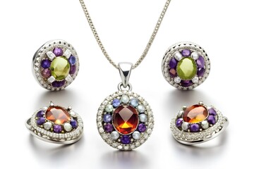 Elegant jewelry set jeweler set with gemstones jewelry accessories collage Product still life concept ring necklace and earrings