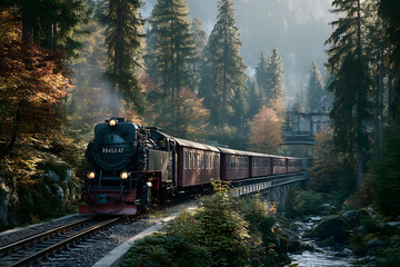 Historic Steam Train Journey Through Misty Autumn Forest