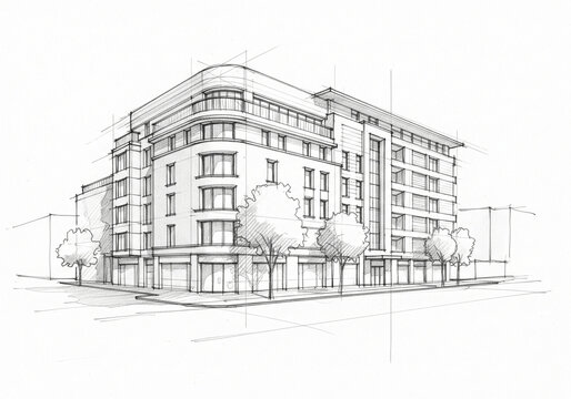 Stunning architectural sketch of a modern urban building with clean lines and large windows