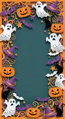 Halloween frame with pumpkins, ghosts, bats, witch hats, stars on teal background, orange-purple palette, invitation template