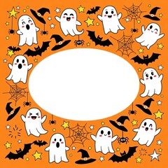 Cute Halloween ghosts, bats, hats, spiders and stars border on orange background, cartoon style, party invitation, copy space