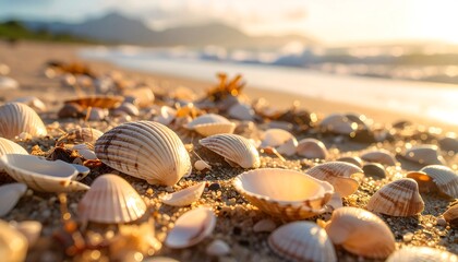A close-up view of numerous seashells on a sandy beach at sunrise, showcasing a variety of shapes and colors, bathed in warm, golden light.