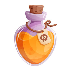  Potion bottle with skull tag, isolated illustration of poison or magic elixir, mysterious unknown orange liquid. Suitable for Halloween designs, magical and fantasy illustrations, decorative elements