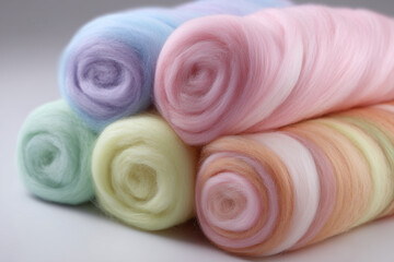 soft cotton candy in roll shape, smooth texture, pastel colors, white background