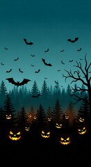 Halloween jack-o’-lanterns glowing in the dark pine forest with flying bats, blue-black-orange palette, spooky background