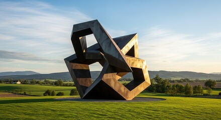 Modern Metal Sculpture Against a Panoramic Countryside