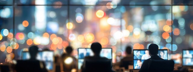Security personnel monitoring city lights from a control room