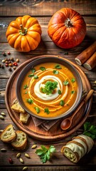 Fototapeta premium Top-view photo of rustic autumn pumpkin soup in a ceramic bowl, garnished with cream, roasted seeds, and parsley. Warm seasonal styling with bread, cinnamon, and fall leaves on wooden table.