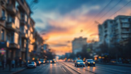 Blurry city street at sunset