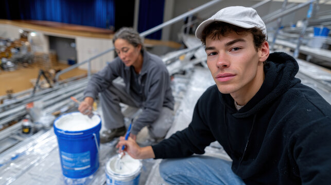A young man and woman focus on painting in a collaborative effort on a stage setup, showcasing teamwork and artistry in a creative and professional environment.