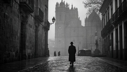 Gloomy urban alleyway. A lone figure walks towards a cathedral in a misty morning