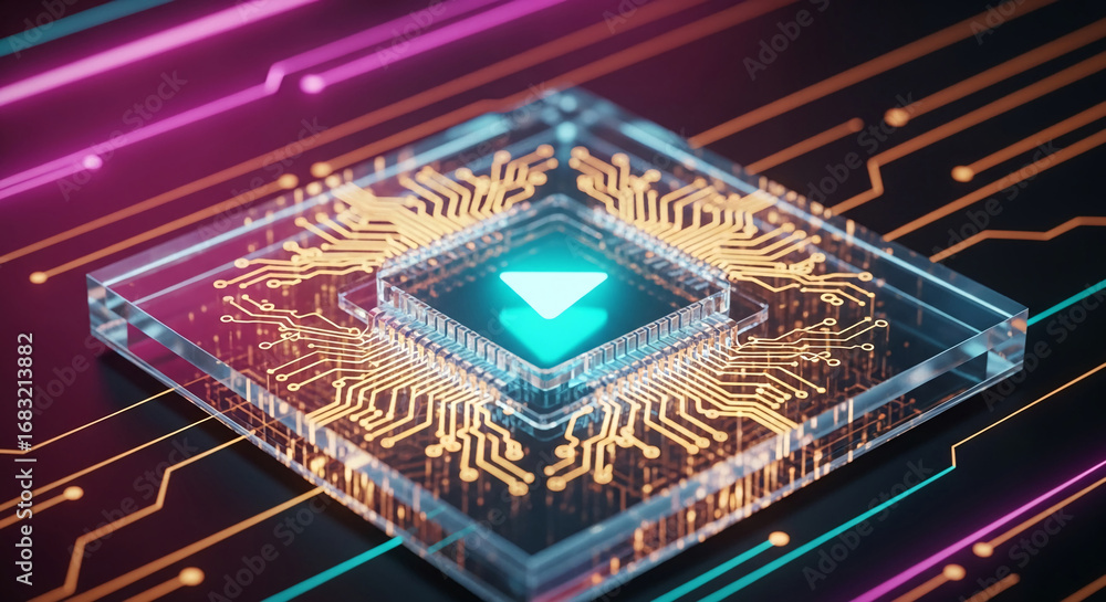 Poster transparent glass microchip with gold circuitry and glowing play button, showcasing technological ad