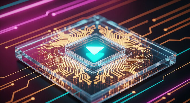 Transparent glass microchip with gold circuitry and glowing play button, showcasing technological advancement and digital innovation, ideal for tech or startup concepts