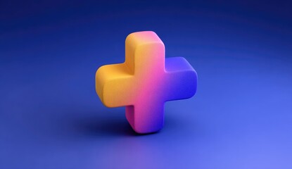 Obraz premium Vibrant plus symbol, rendered in a gradient of warm and cool tones, displayed against a deep blue background.