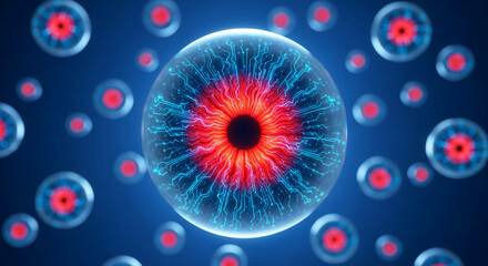 Biometric eye, digital circuit, red and blue light, futuristic technology, representing surveillance, data security, or artificial intelligence