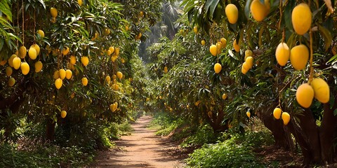 Lush mango orchard with ripe yellow mangoes hanging from trees along a dirt path.