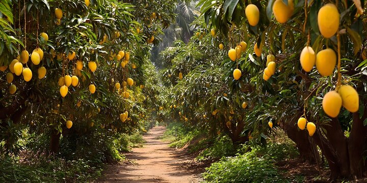 Lush mango orchard with ripe yellow mangoes hanging from trees along a dirt path.