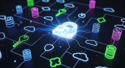A digital network with a central glowing padlock surrounded by cloud and database icons and key symbols
